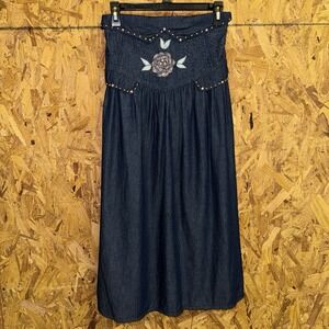 VTG Airfield Denim Jean Midi Skirt Rhinestone Studded Embroidered Western XS